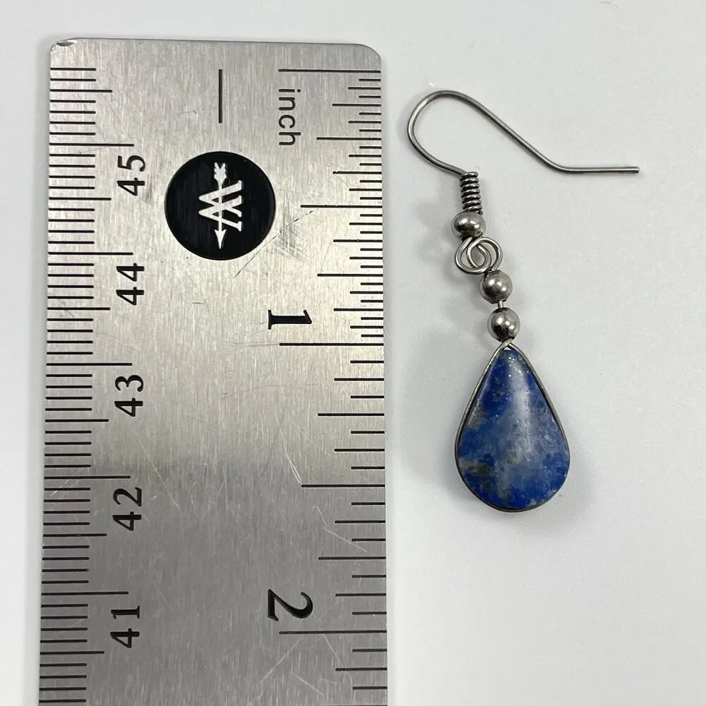 Lapis Lazuli Stone Silver Tone Hook Setting Earrings Dangle Minimalist Boho
